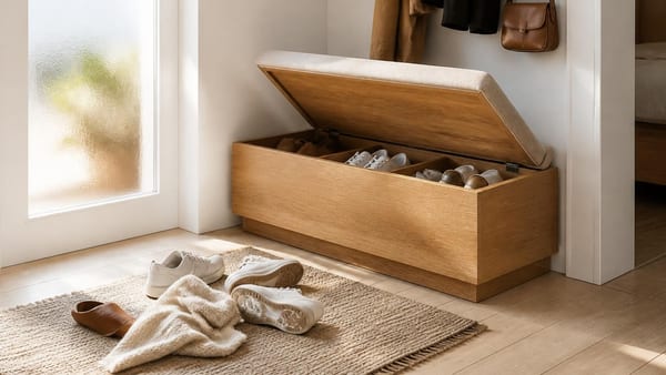 Un meuble d'entrée astucieux qui combine assise confortable et rangement intégré pour transformer votre hall en espac…