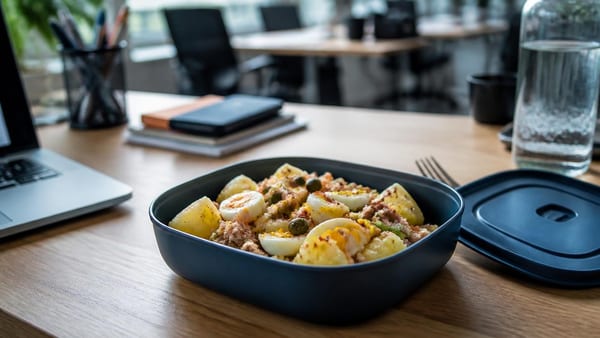 Une salade méditerranéenne facile à préparer à l'avance, parfaite pour les repas nomades au bureau ou en déplacement.