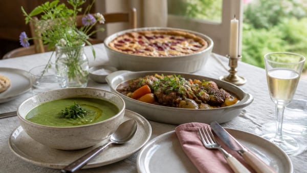 Composez un repas festif avec des recettes de saison : velouté végétal, veau mijoté et clafoutis gourmand.