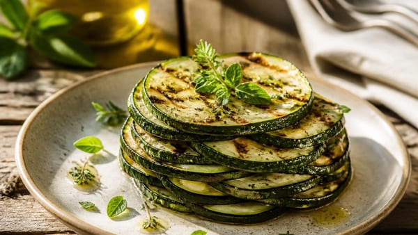 Un montage en strates de courgettes grillées transforme ce légume modeste en entrée spectaculaire qui surprend à chaq…